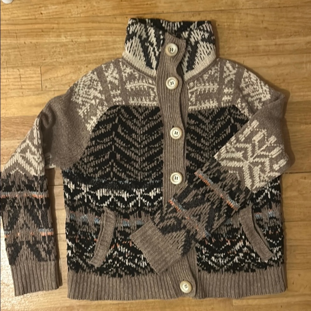 Free People Taupe Black Cream Patterned Wool-Blend Cardigan